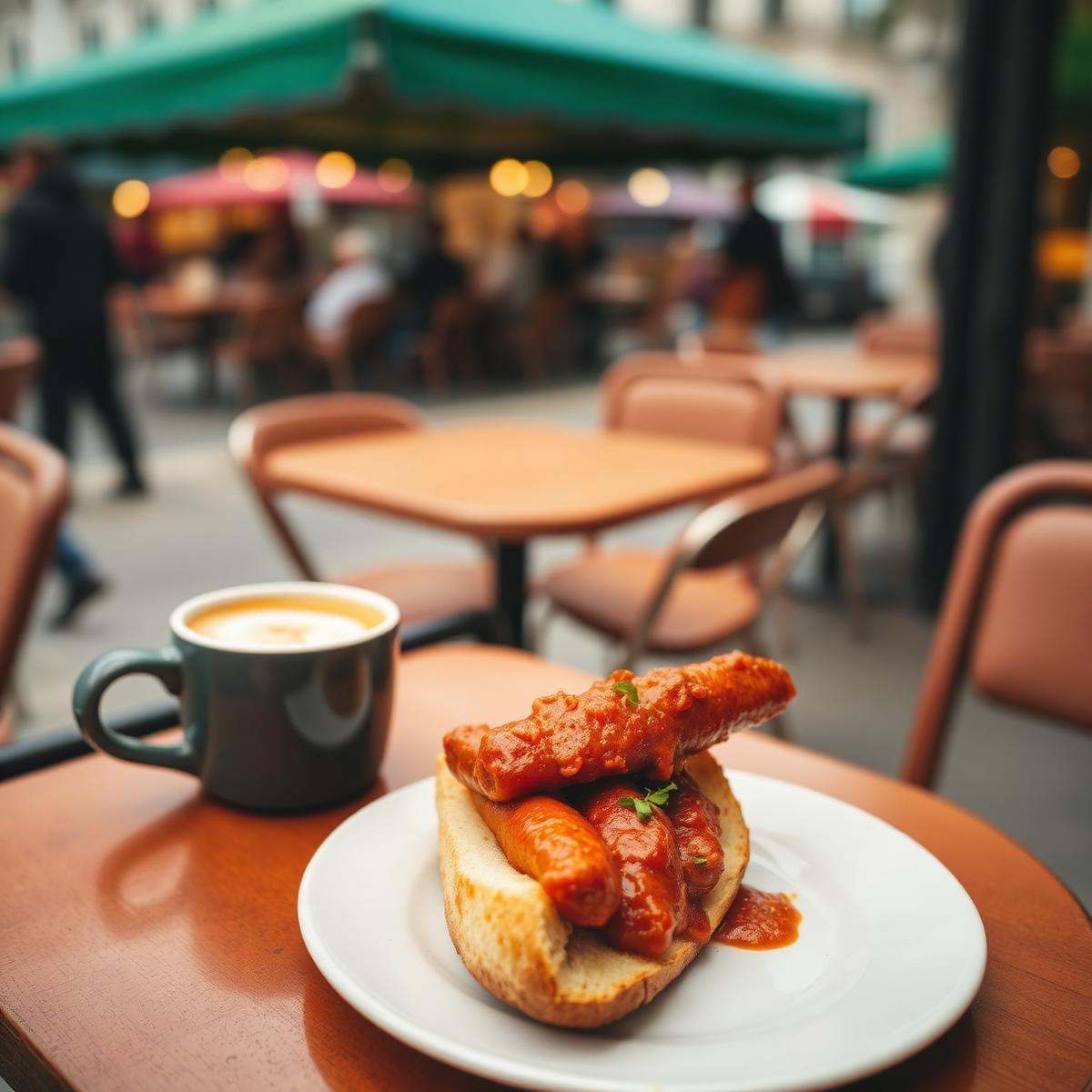 Currywurst und Kaffee im Berliner Café
